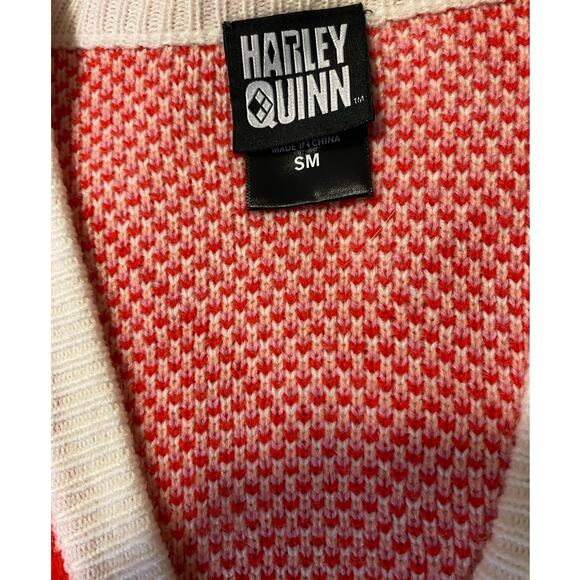 DC‎ Comics Harley Quinn Diamond Argyle Red Pink White Cardigan Size SM - Picture 7 of 9
